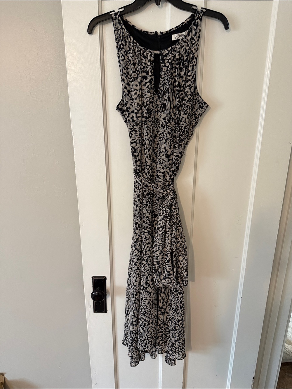 Chetta B Grey, Black and White Printed Sleeveless Midi Dress with tie waist